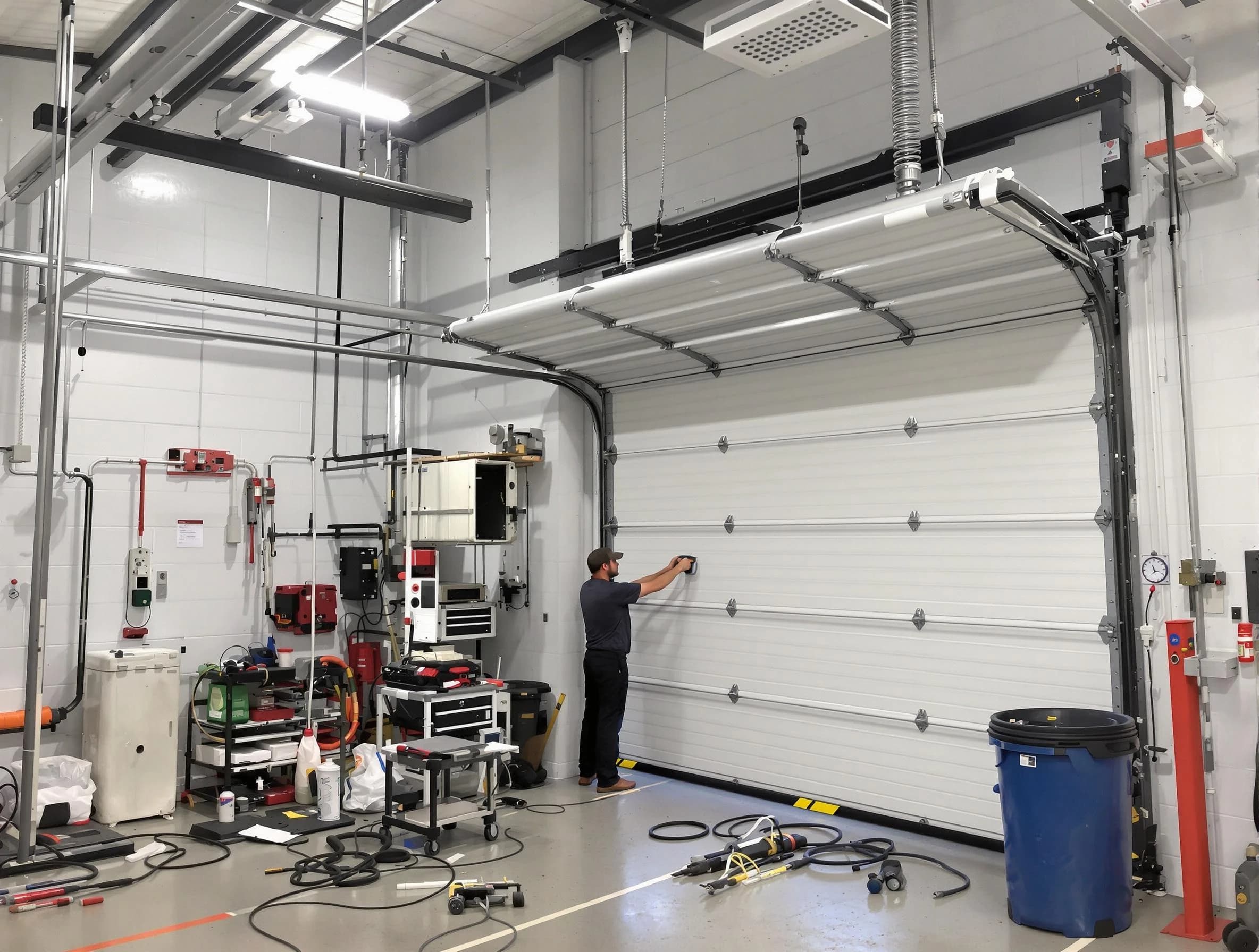 Roswell Garage Door Repair certified technician performing commercial door repair at a Roswell business facility