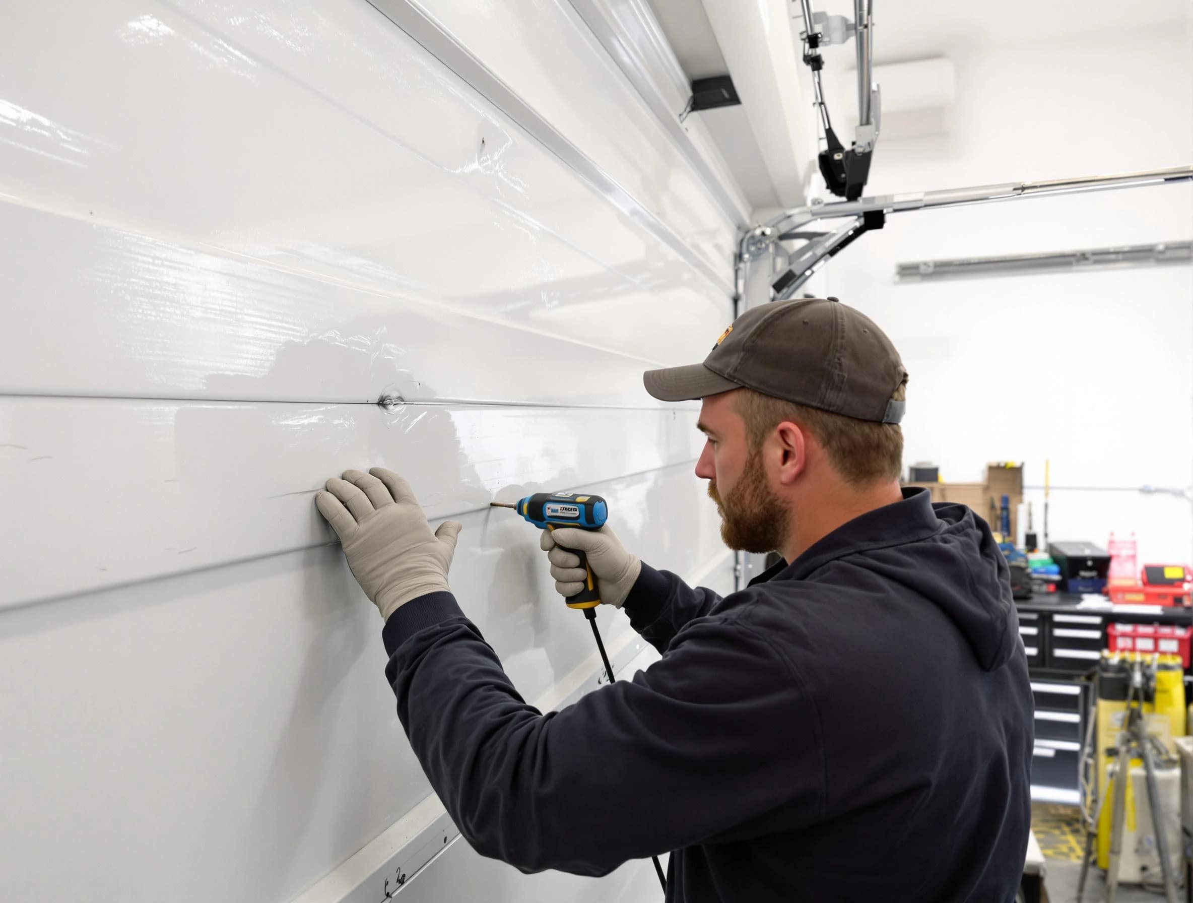 Roswell Garage Door Repair technician demonstrating precision dent removal techniques on a Roswell garage door