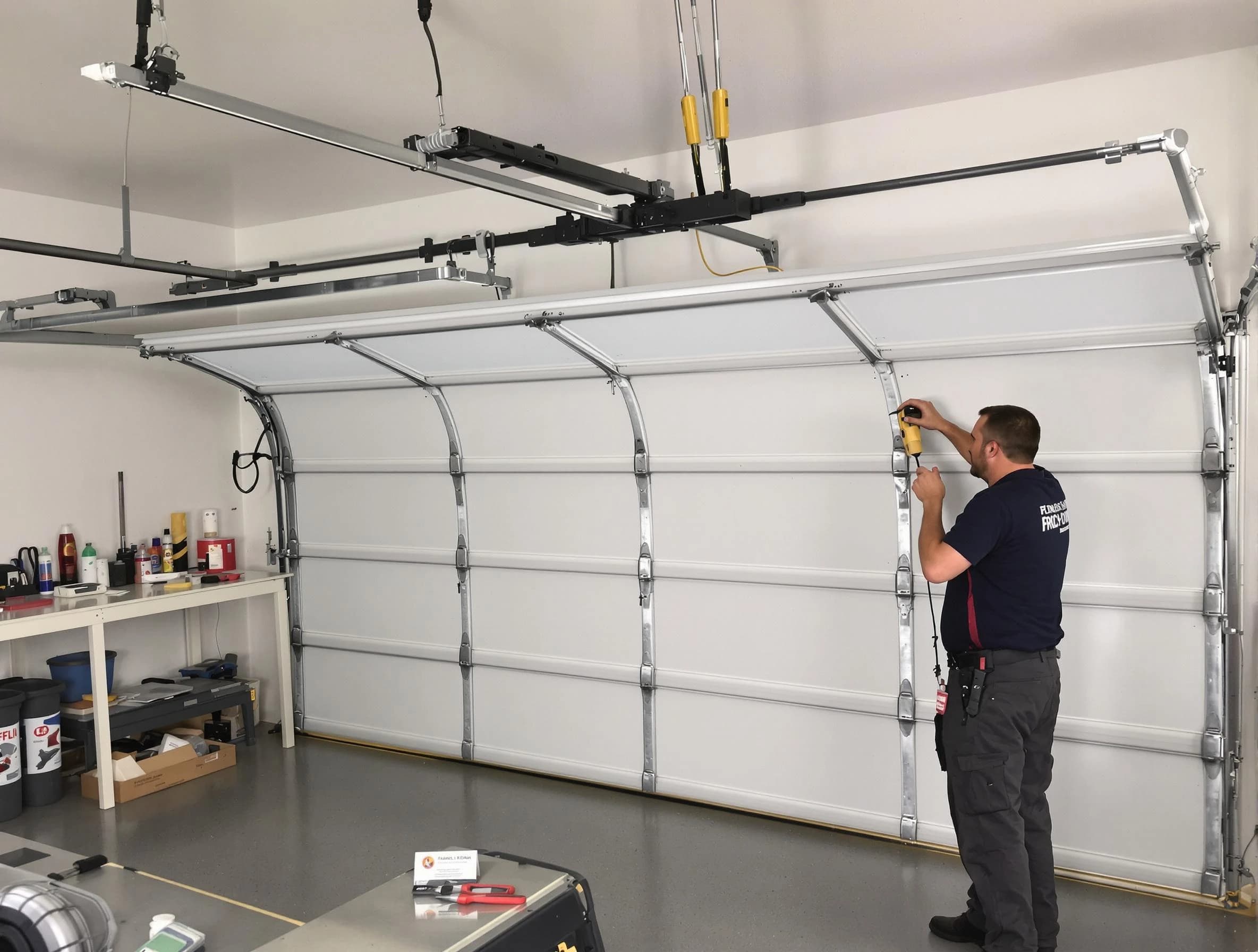 Roswell Garage Door Repair certified technician performing overhead door system repair in Roswell
