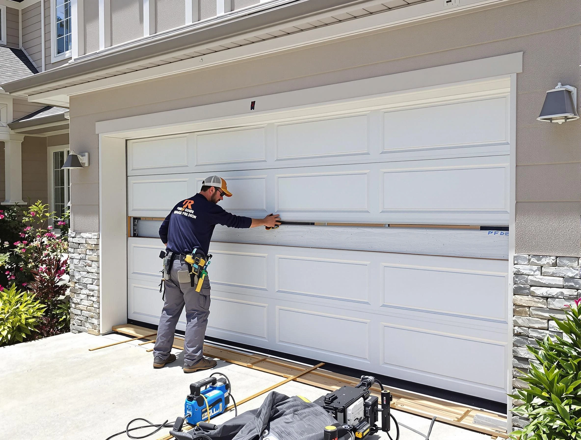 Roswell Garage Door Repair team performing complete garage door replacement at Roswell residence
