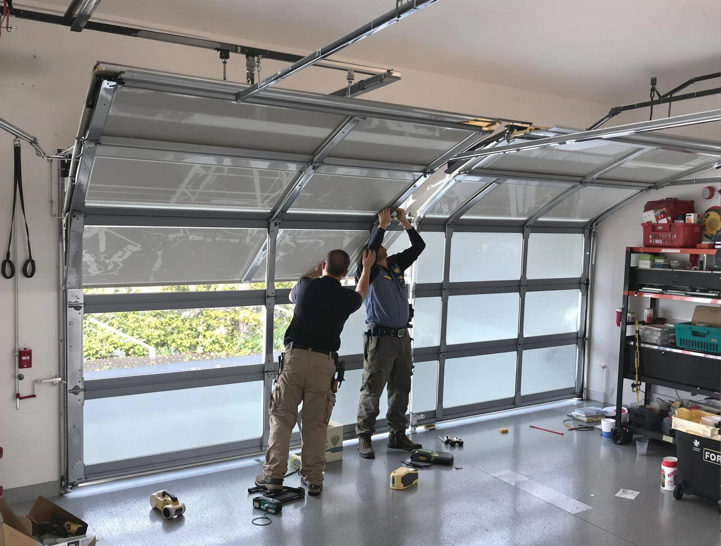 Roswell Garage Door Repair expert performing precise panel replacement on Roswell garage door