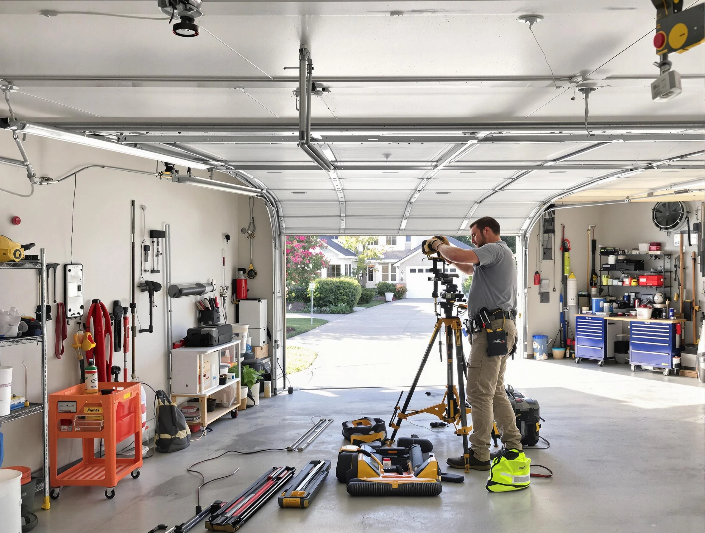 Roswell Garage Door Repair specialist performing laser-guided track alignment in Roswell